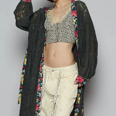 Floral Trim Lace Open Front Longline Cardigan - Black