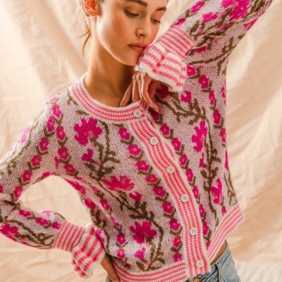 Floral Intarsia Button Up Sweater Cardigan - Pink