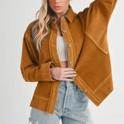 Side Slit Exposed Seam Button Up Corduroy Jacket - Terracotta
