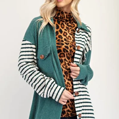 Full Size Striped Button Up Dropped Shoulder Shacket - Turquoise