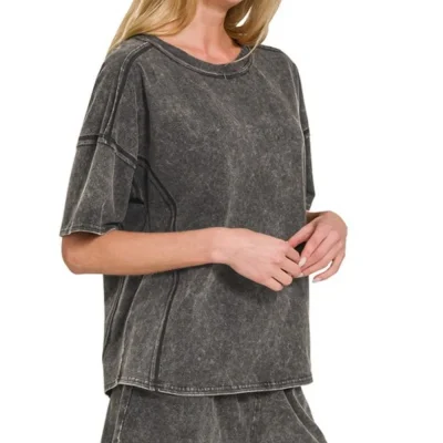 Acid Washed Short Sleeve Tee & Shorts Set - Ash Black