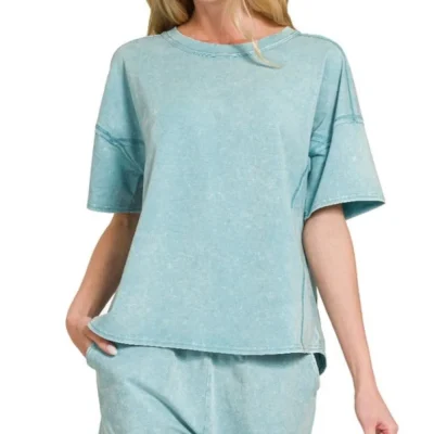 Acid Washed Short Sleeve Tee & Shorts Set - Dusty Teal