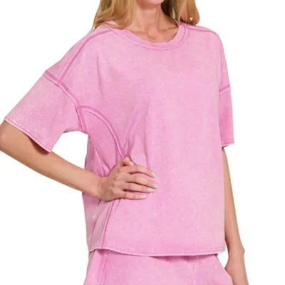 Acid Washed Short Sleeve Tee & Shorts Set - Mauve