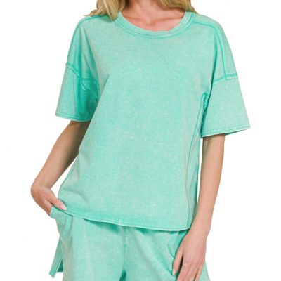 Acid Washed Short Sleeve Tee & Shorts Set - Mint