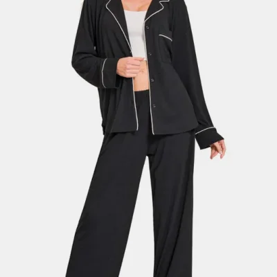 Button Down Long Sleeve Top and Pants Lounge Set - Black
