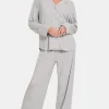 Button Down Long Sleeve Top and Pants Lounge Set - Light Gray