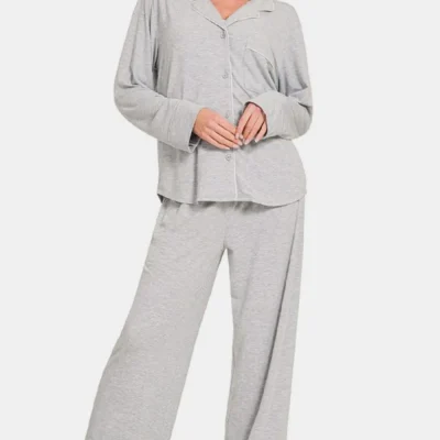 Button Down Long Sleeve Top and Pants Lounge Set - Light Gray