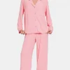 Button Down Long Sleeve Top and Pants Lounge Set - Pink