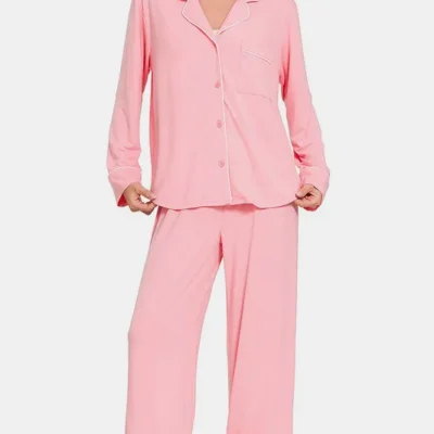 Button Down Long Sleeve Top and Pants Lounge Set - Pink