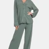 Button Down Long Sleeve Top and Pants Lounge Set - Sage