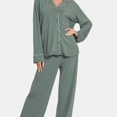 Button Down Long Sleeve Top and Pants Lounge Set - Sage