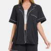 Button Down Short Sleeve Top and Shorts Lounge Set - Black