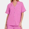 Button Down Short Sleeve Top and Shorts Lounge Set - Bright Mauve