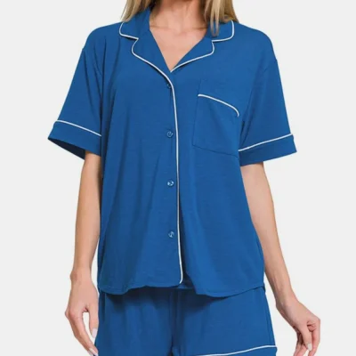 Button Down Short Sleeve Top and Shorts Lounge Set - Classic Blue