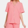 Button Down Short Sleeve Top and Shorts Lounge Set - Dk Pink