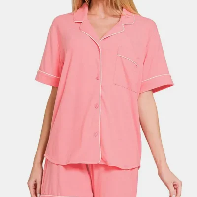 Button Down Short Sleeve Top and Shorts Lounge Set - Dk Pink
