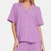 Button Down Short Sleeve Top and Shorts Lounge Set - Heliotrope Purple