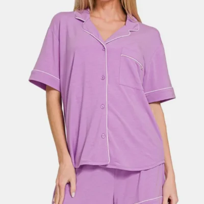 Button Down Short Sleeve Top and Shorts Lounge Set - Heliotrope Purple