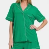 Button Down Short Sleeve Top and Shorts Lounge Set - K Green