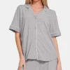 Button Down Short Sleeve Top and Shorts Lounge Set - Light Gray
