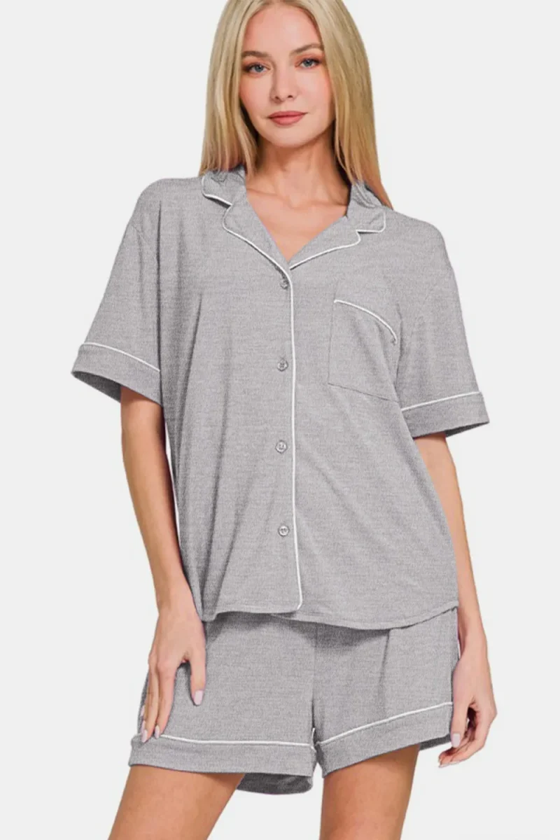 Button Down Short Sleeve Top and Shorts Lounge Set - Light Gray