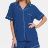 Button Down Short Sleeve Top and Shorts Lounge Set - Navy