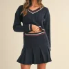 Cable-Knit Top and Pleated Skirt Sweater Set - Dark Navy