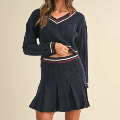 Cable-Knit Top and Pleated Skirt Sweater Set - Dark Navy