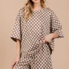 Ces Femme Checkered Round Neck Top and Shorts Set - Camel