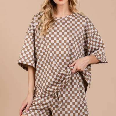 Ces Femme Checkered Round Neck Top and Shorts Set - Camel