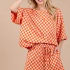 Ces Femme Checkered Round Neck Top and Shorts Set - Orange