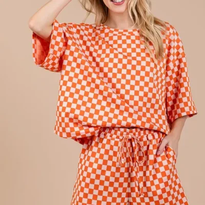 Ces Femme Checkered Round Neck Top and Shorts Set - Orange