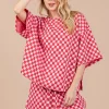 Ces Femme Checkered Round Neck Top and Shorts Set - Red