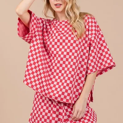 Ces Femme Checkered Round Neck Top and Shorts Set - Red