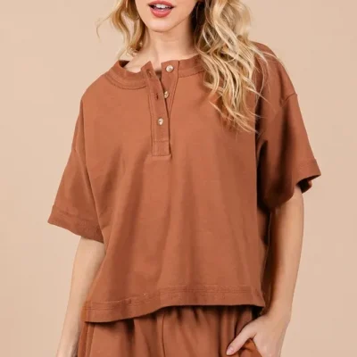 Ces Femme Half Button Half Sleeve Top and Pants Set - Caramel