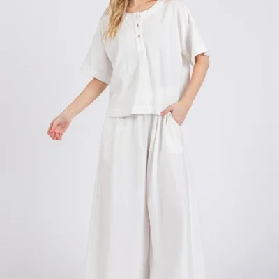 Ces Femme Half Button Half Sleeve Top and Pants Set - White
