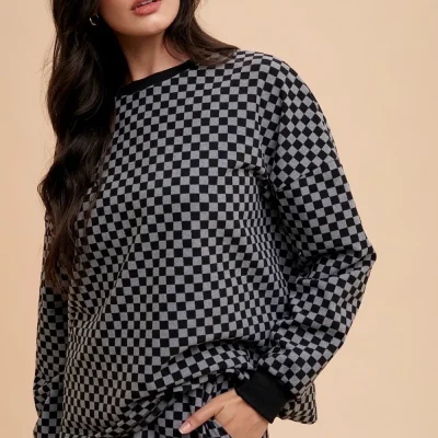Checkered Round Neck Top and Drawstring Shorts Set - Black