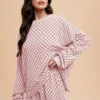 Checkered Round Neck Top and Drawstring Shorts Set - Blush Pink