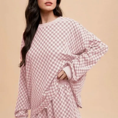 Checkered Round Neck Top and Drawstring Shorts Set - Blush Pink