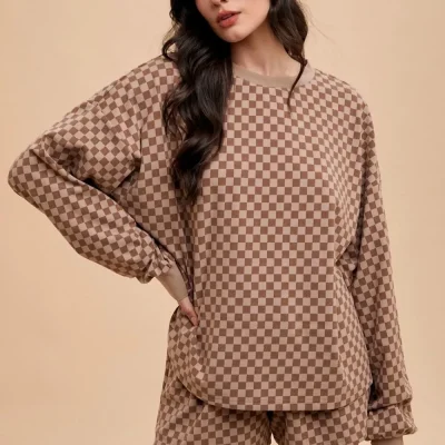 Checkered Round Neck Top and Drawstring Shorts Set - Mocha
