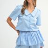 Collared Button Down Crop Top and Skort Set - Lt Blue