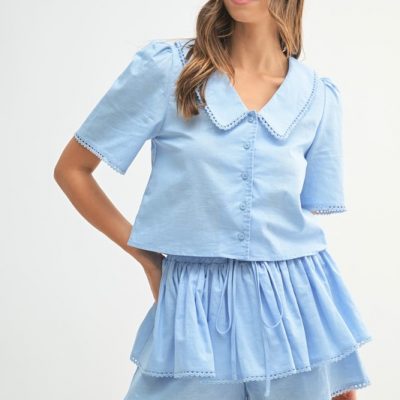 Collared Button Down Crop Top and Skort Set - Lt Blue