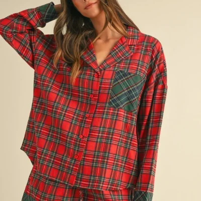 Contrast Plaid Long Sleeve Top and Shorts Set - Red