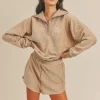 Corduroy Half Zip Top and Shorts Set - Taupe