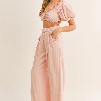 Cut Out Drawstring Crop Top and Belted Pants Set - Dusty Pink