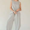 Drawstring Hem Round Neck Tank and Pants Set -  Heather Grey