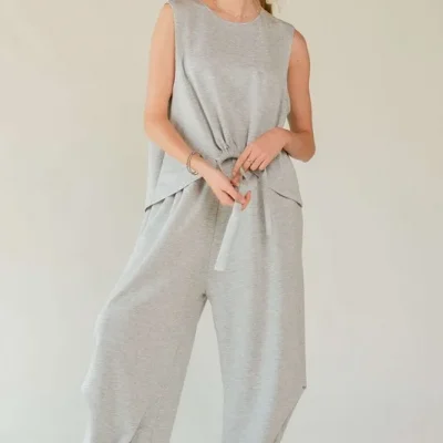 Drawstring Hem Round Neck Tank and Pants Set -  Heather Grey