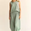 Drawstring Hem Round Neck Tank and Pants Set - Light Green