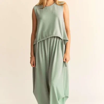 Drawstring Hem Round Neck Tank and Pants Set - Light Green
