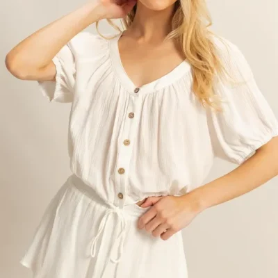 Drawstring Hem Short Sleeve Top and Skort Set -  Off White